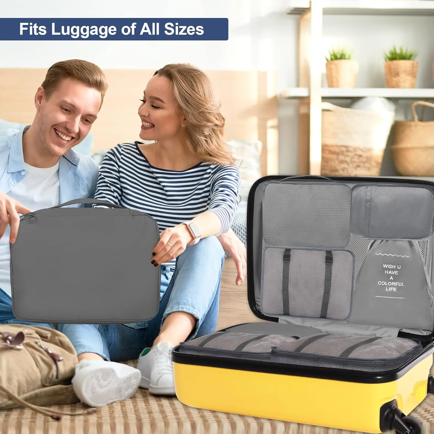 8 Set Packing Cubes for Suitcases, kingdalux Grey Travel Luggage Packing Organizers with Laundry Bag, Compression Storage Shoe Bag, Clothing Underwear Bag, for Women & Man