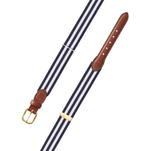Adjustable Navy & White Grosgrain Belt with Brown Leather Tabs
