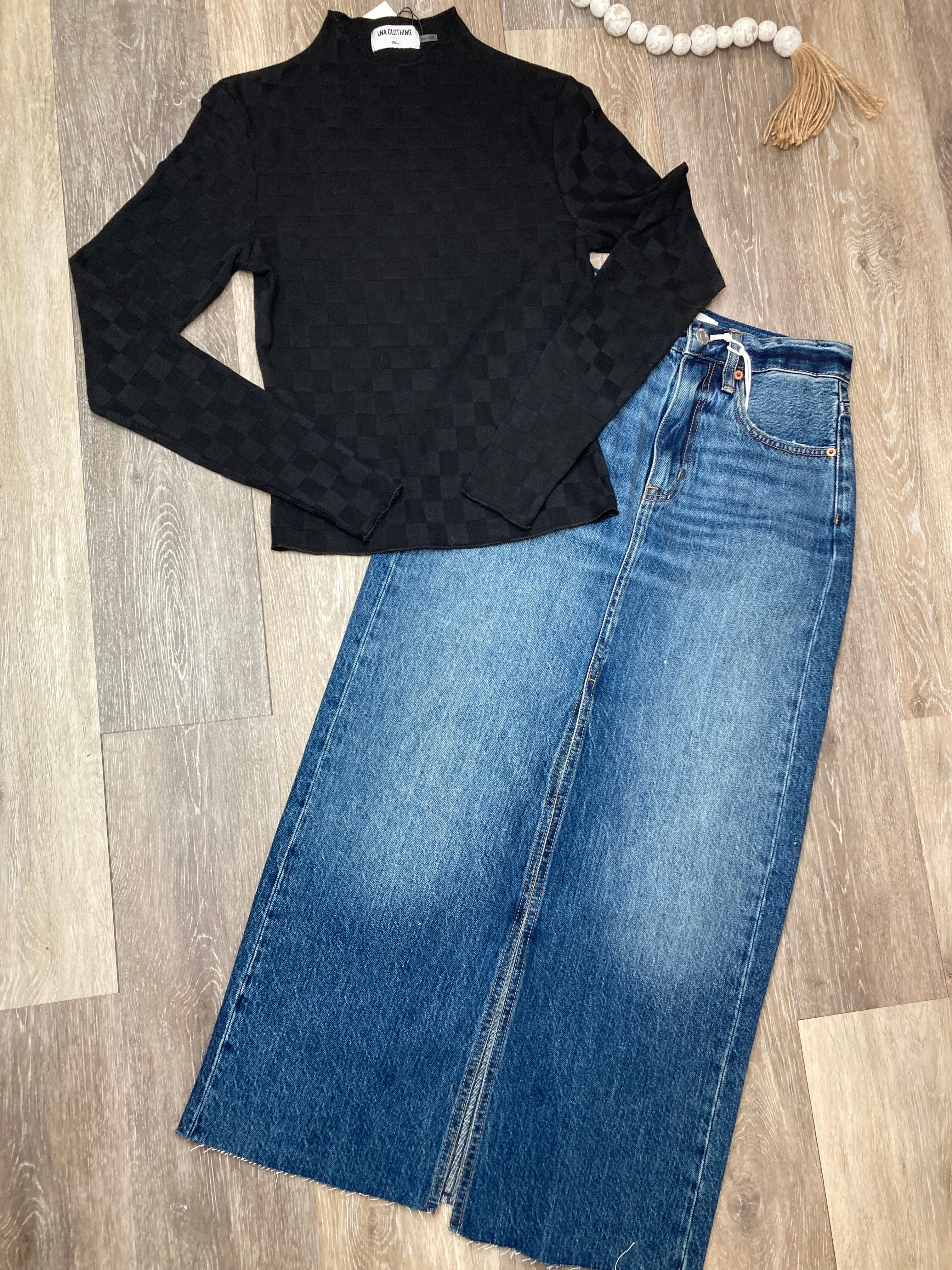 LNA Rey Check Mock Neck Long Sleeve Top