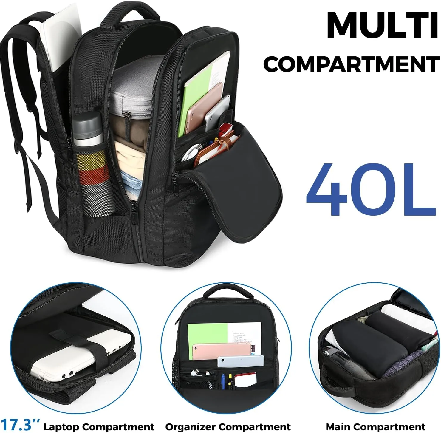 MATEIN Carry on Backpack, Large 40L Flight Approved Travel Backpack with USB Port, TSA Personal Item Travel Bag fits 17" Laptop, Water Resistant Luggage Overnight Weekender Bag for Men & Women, Black