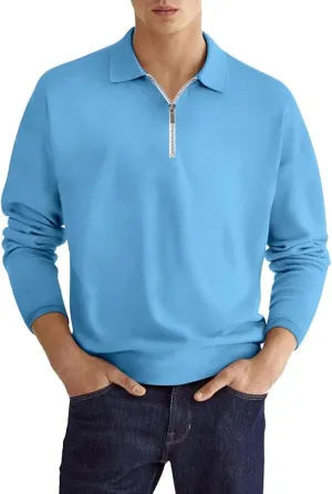 Men's Quarter Zip Long Sleeve Sport Polo Shirt Casual Zipper Collar Golf Sweaters Business Slim Fit Sweatershirt