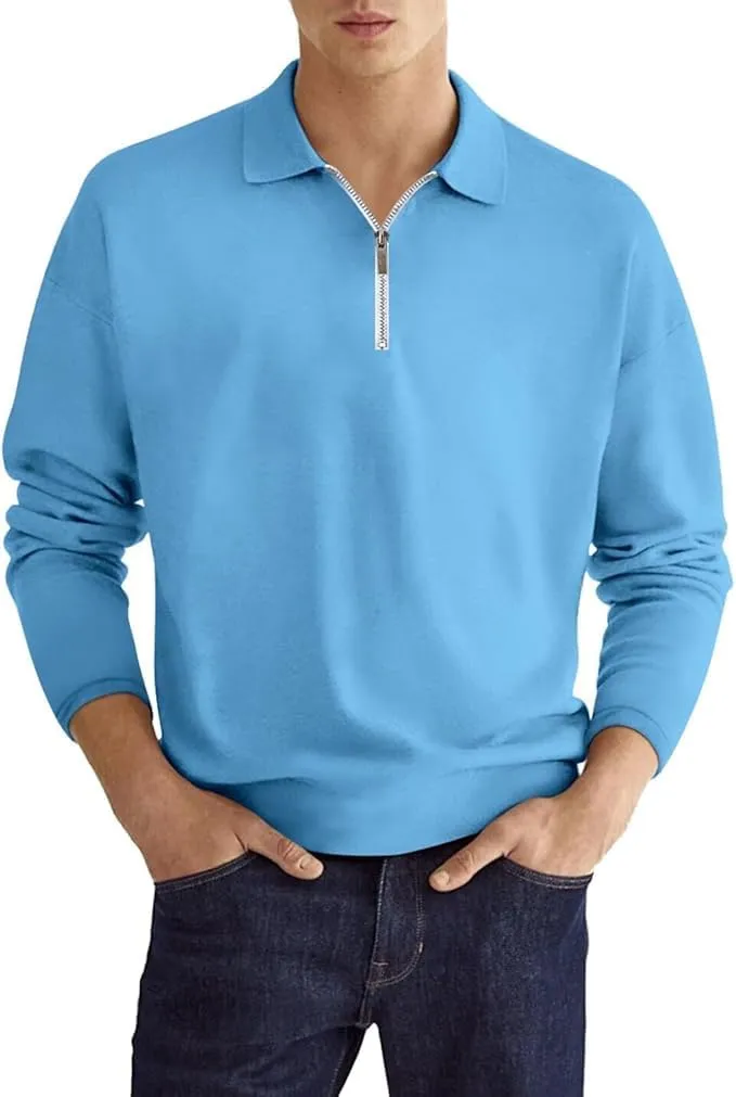 Men's Quarter Zip Long Sleeve Sport Polo Shirt Casual Zipper Collar Golf Sweaters Business Slim Fit Sweatershirt