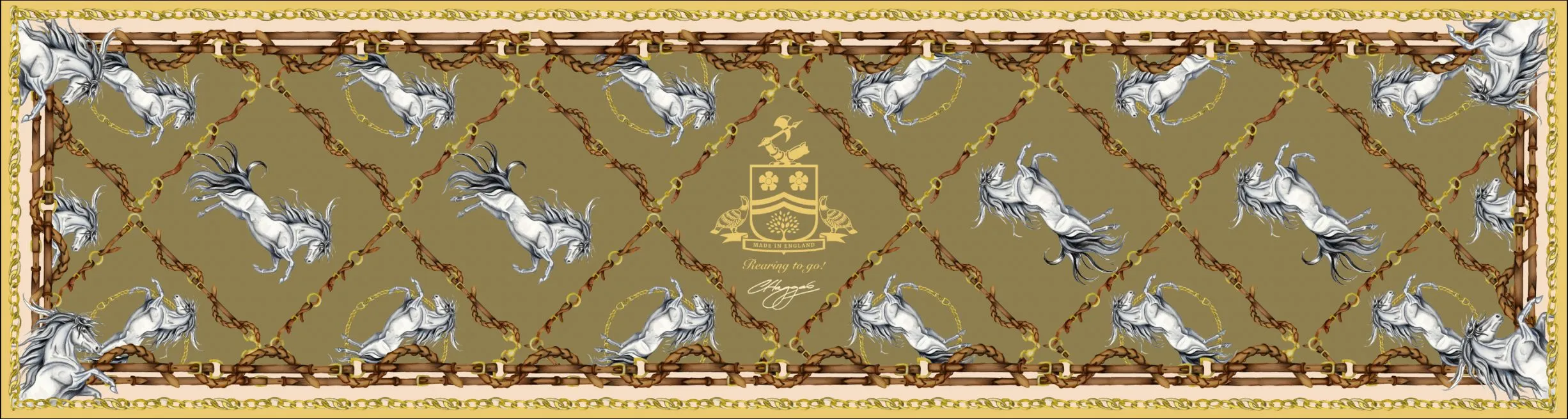 Rearing To Go Olive and Cream Narrow Silk Scarf