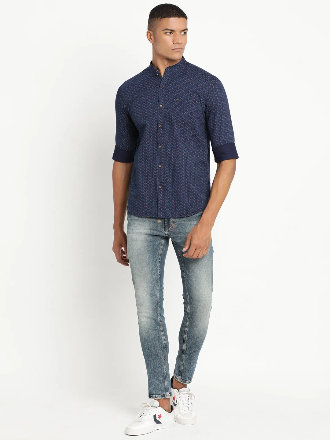 Turtle Men Navy Blue Cotton Checked Slim Fit Casual Shirts