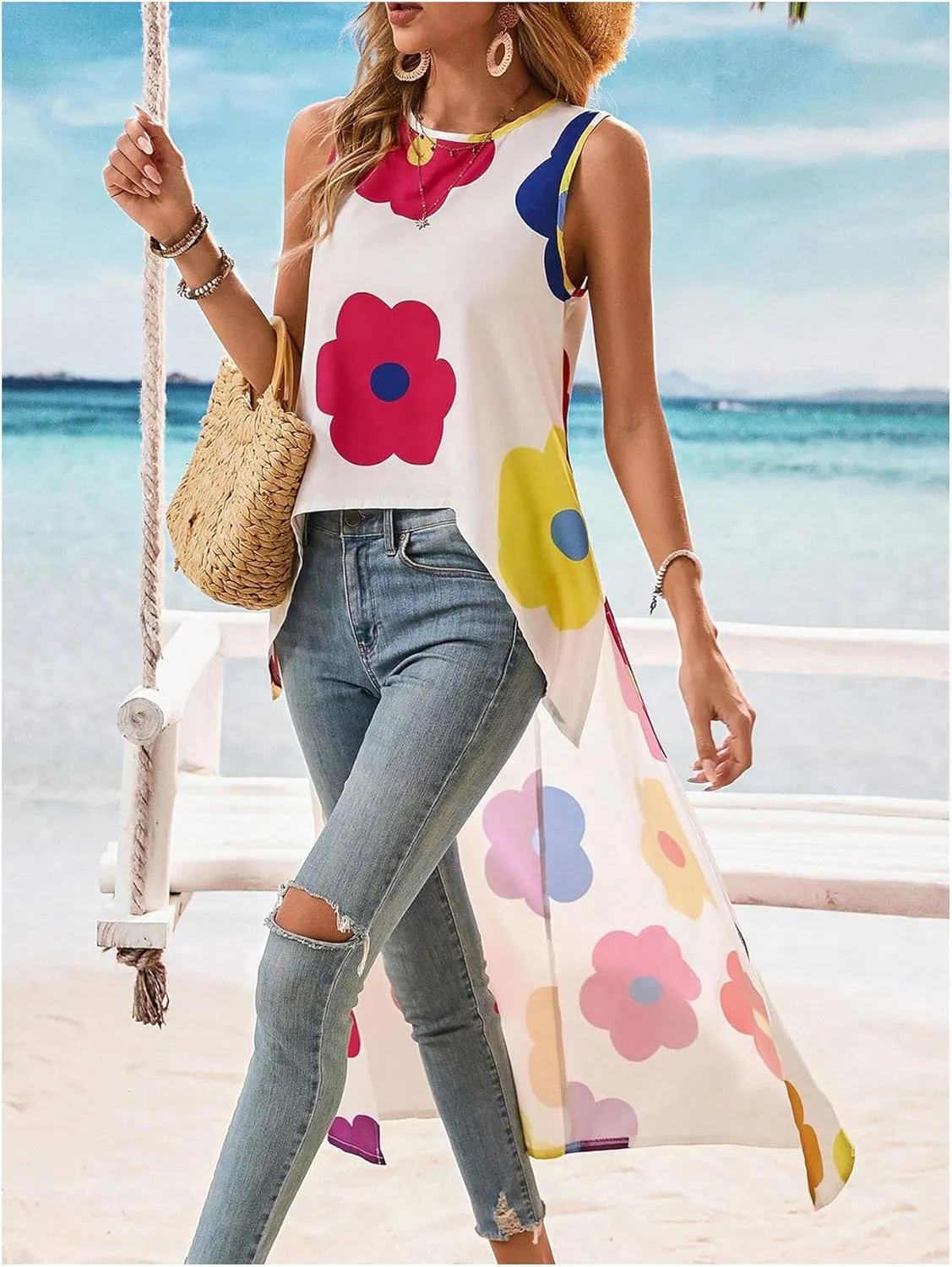 Women's Floral Sleeveless Flowy Blouses Shirts High Low Hem Dressy Casual Tank Top