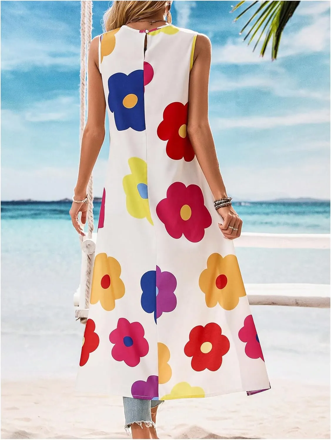 Women's Floral Sleeveless Flowy Blouses Shirts High Low Hem Dressy Casual Tank Top