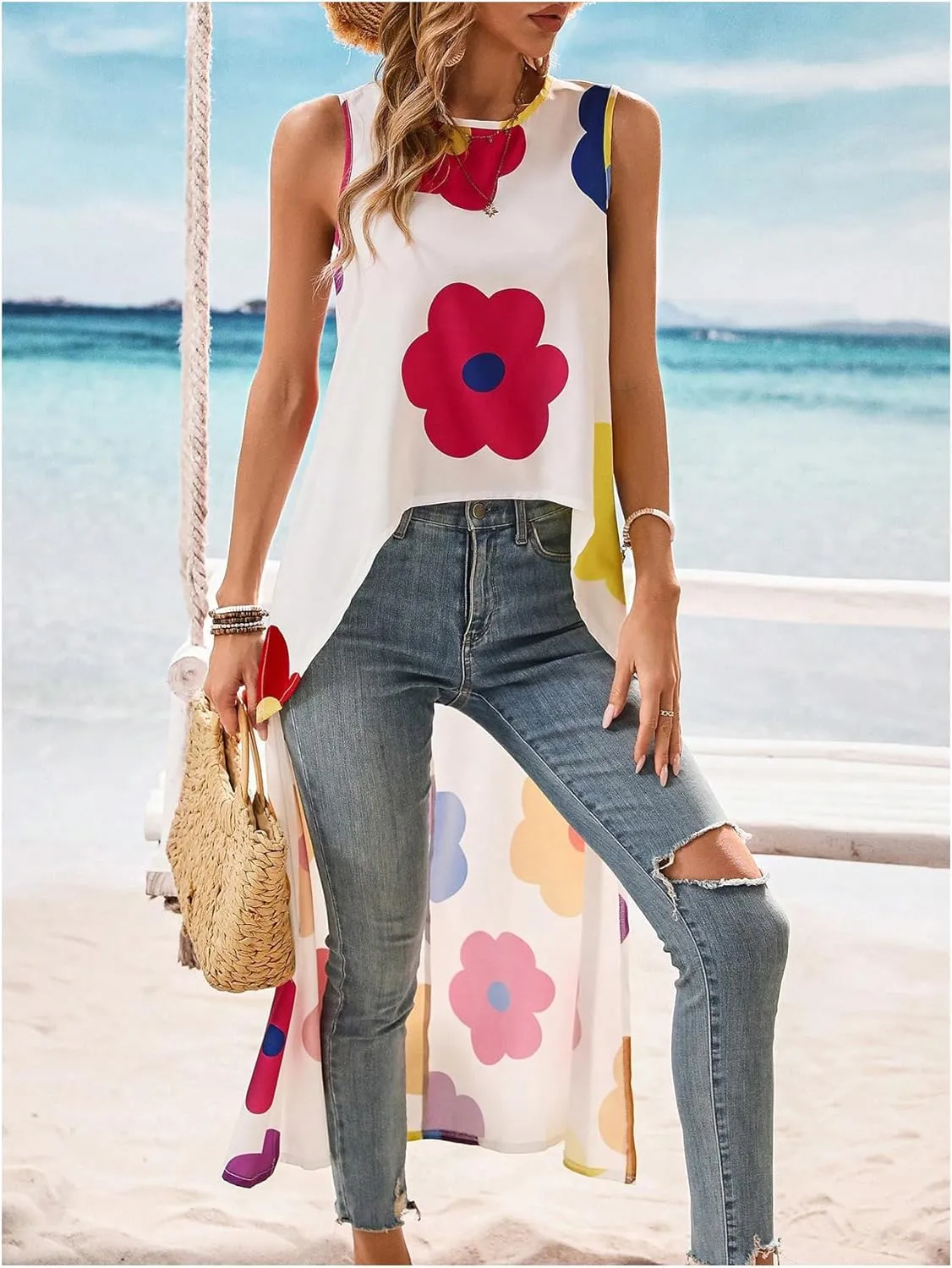 Women's Floral Sleeveless Flowy Blouses Shirts High Low Hem Dressy Casual Tank Top