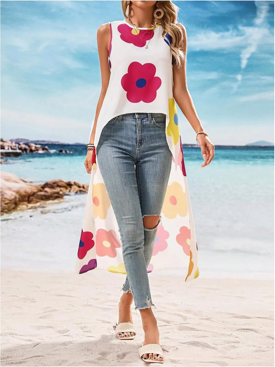Women's Floral Sleeveless Flowy Blouses Shirts High Low Hem Dressy Casual Tank Top