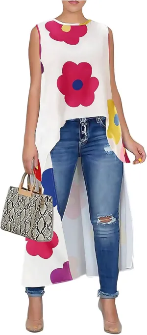 Women's Floral Sleeveless Flowy Blouses Shirts High Low Hem Dressy Casual Tank Top